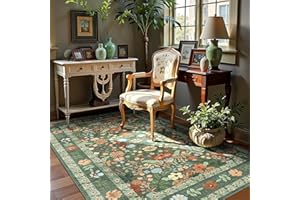 Area Rugs 3x5 Green Floral Small Thin Entryway Rug - Vintage Boho Washable Non-Slip Living Room Carpet Soft Low Pile Bedroom 