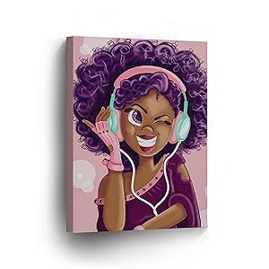 Purple Haired African Girl Earphones Pink Background Digital Painting Canvas Print Kids Room Wall Art African Art Home Decor Stretched Ready to Hang -%100 Handmade in The USA - 12x8
