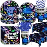 Xenorik Neon Glow Laser Tag Birthday Party Decorations Tableware, Serves 24 | Shooting Game Theme Laser Tag Party Supplies Decorations, Paper Plate, Cup, Napkin, Table Cloth, Cutlery