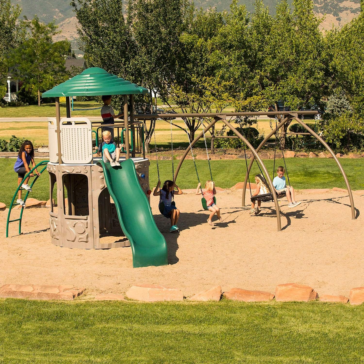 LFT Lifetime Adventure Tower Outdoor Playground Playset with Spider Swing