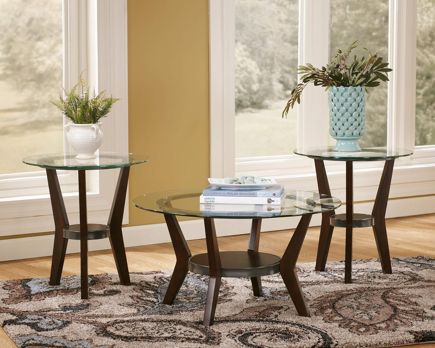 Signature Design by Ashley - Fantell Circular Glass Top Occasional Table Set - Includes Cocktail Table & 2 End Tables, Dark Brown: Furniture & Decor