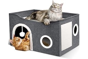 Heeyoo Cat House for Indoor Cats - Large Cat Bed Cave with Fluffy Ball and Scratch Pad, Foldable Cats Houses & Condos, Cat Hideaway, Covered Kitty Bed for Multi Small Large Kitty, 23.8x15.9x13.2 Inch