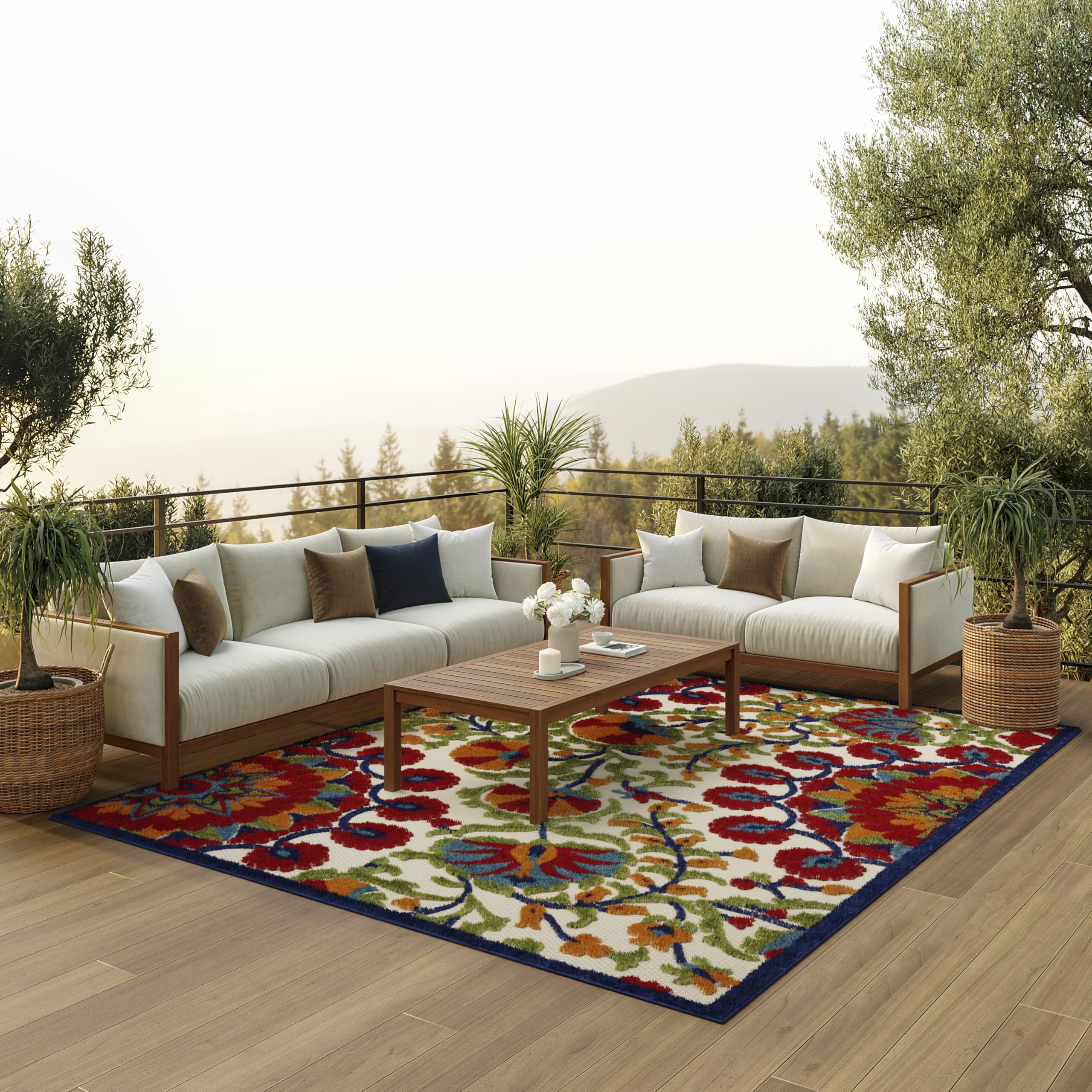 Nourison Aloha Indoor/Outdoor Red/Multi 9' x 12' Area Rug, Easy Cleaning, Non Shedding, Bed Room, Living Room, Dining Room, Deck, Backyard, Patio (9x12) Image