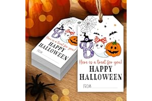 HandEasy 50 Pcs Halloween Tags with String, 2.1"×3.5" Boo Paper Gifts Tags, Ghost Trick or Treat for Candy, Pumpkin Happy Halloween Gifts Tag Wrap for Party Favor - B01