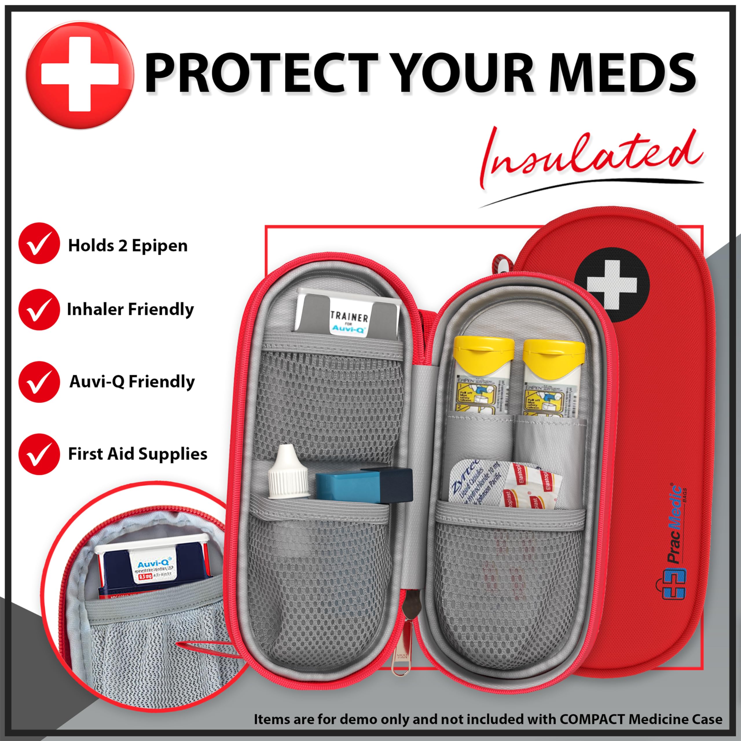 PracMedic Bags EpiPen Carry Case- Insulated Compact Epi Pens Carrying Case holds 2 Epipens or Auvi-Q, Inhaler, Antihistamine Meds for Immediate Access to Allergy Medications During Emergencies (Red)