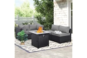 WAROOM Outdoor Patio PE Wicker 5 Piece Furniture Set, Black Rattan Sectional Conversation Sofa Chair with Square Propane Fire Pit Table, Grey Cushion