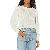 PAIGE Women's Athena Sweater Crew Neck Slightly Cropped Puff Sleeve in Ivory/Silver Metalic