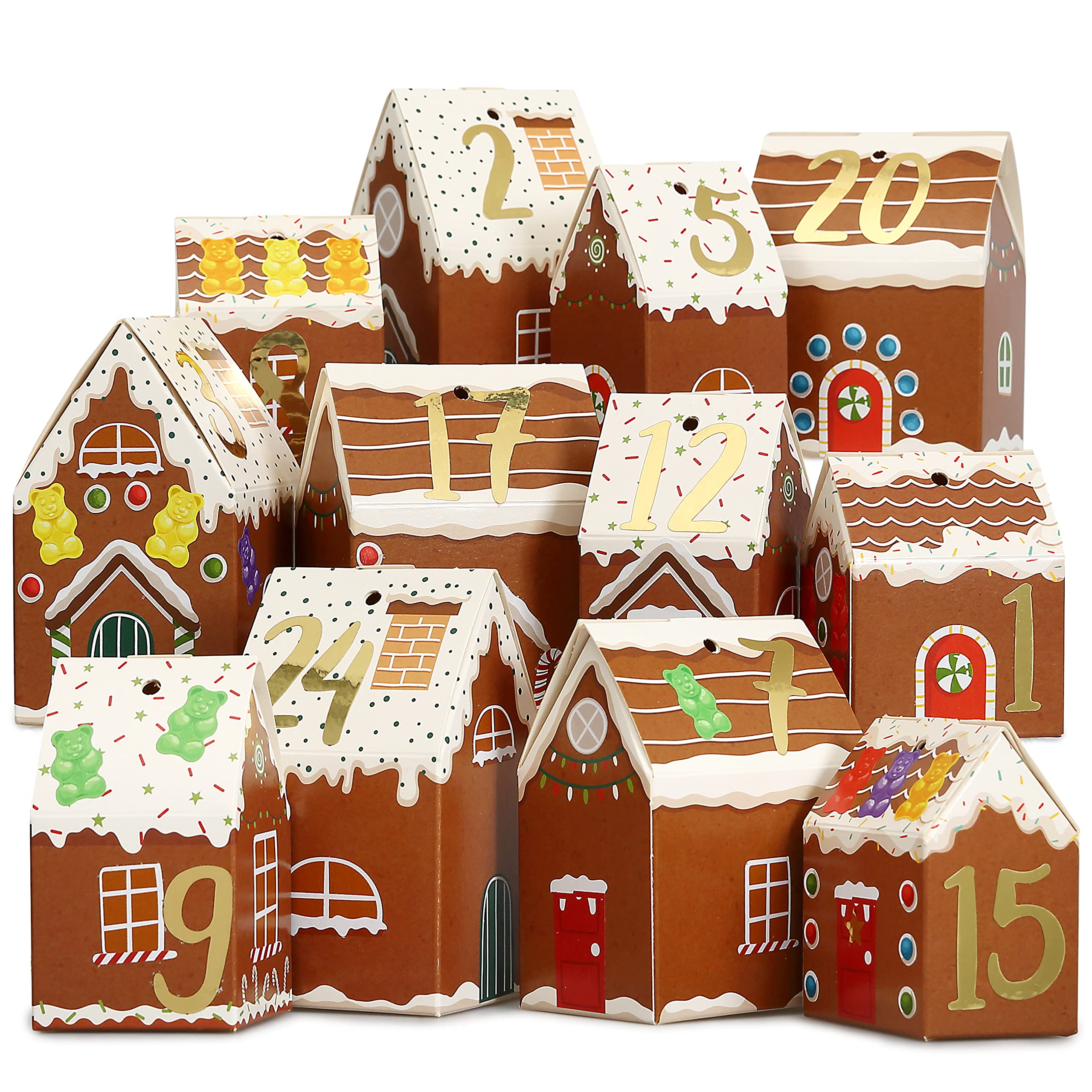 Papierdrachen Advent Calendar for DIY and Filling - Set of Houses - Gingerbread Houses - 24 Colourful Folding Boxes to Assemble and Decorate - Christmas Village - Reusable