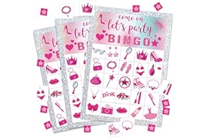 wenhihsiy Pink Bingo Game Cards for Adults, Glitter Bingo Cards Game for Family Holidays Friends Gatherings, Ideal for Princess Themed Party Game, 24 Players Birthday Party Supplies Favors, 006