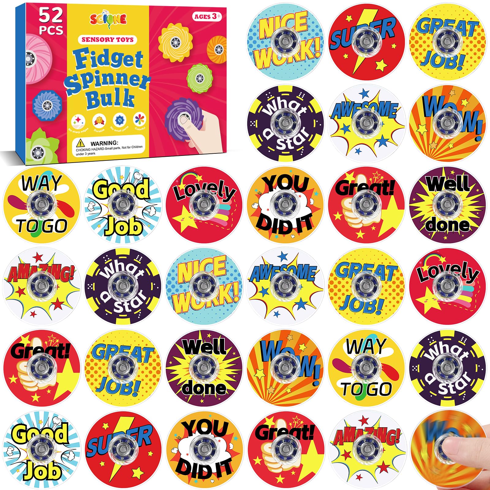 SCIONE 52pcs Mini Colorful Characters Fidget Spinners, Durable Plastic, Smooth & Quiet Sensory Toys for Kids/ADHD/Autism - Party Bag Fillers, Classroom Rewards, Birthday Gifts, Stress Relief