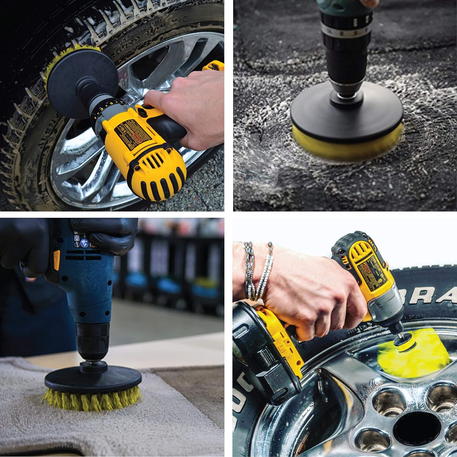 Wheel Brush Kit for Tire and Rim Cleaning | 4 pc Drill Brush Car Detailing Attachment Set | Auto Detail and Scrub Brushes | Car Wash Supplies for Cleaner Cars, RVs, Tires, Rims, Wheels, and Vehicles: Automotive
