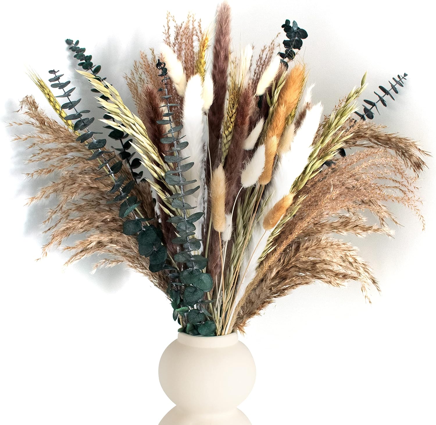 Dried & Preserved Flora - Dried Florals Eucalyptus Bouquet - 60pc Luxury Dried Flower Bouquet | Boho Fall Dried Flowers for Vase | Pampas Grass Decor | Decorative Flowers Dried Floral Arrangements | Dry Flowers for Decoration