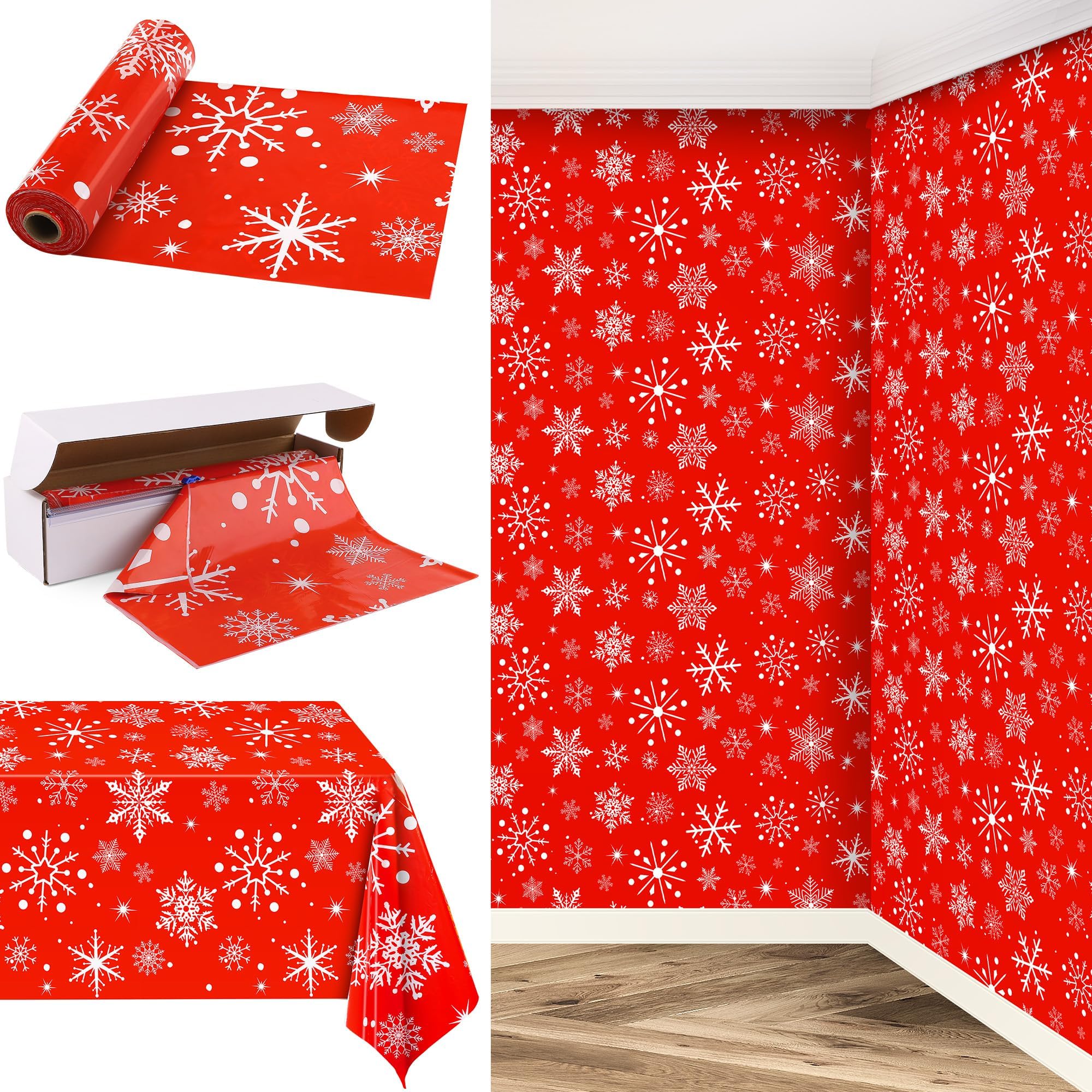 Photo 1 of Kochorie 100 Ft x 54 Inch Snowflake Tablecloth Roll with Cutter Box Christmas Themed Snowflake Printed Disposable Winter Backdrop Cut to Size Table Cover for Frozen Birthday Party Supplies