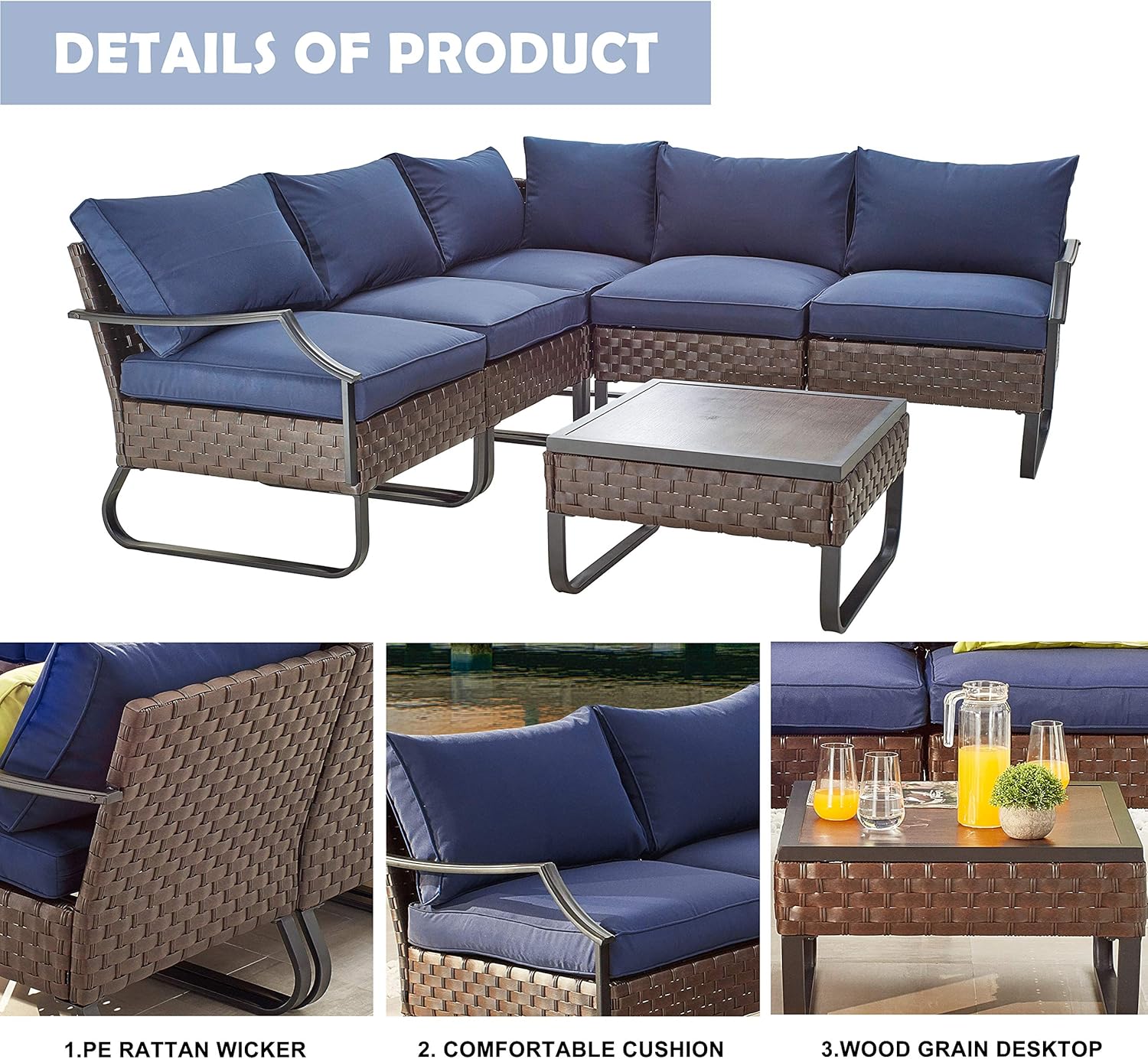 LOKATSE HOME Sectional Conversation Sofa 6 Pcs Outdoor Patio Rattan Furniture Set All-Weather Wicker Metal Frame Chairs with Cushion & Coffee Table, Blue: Garden & Outdoor