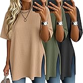 Baggyfly 3 Pack Women's Oversized Waffle Knit Short Sleeve Tops Side Split Crewneck Loose Long T-Shirts Summer Casual Tees