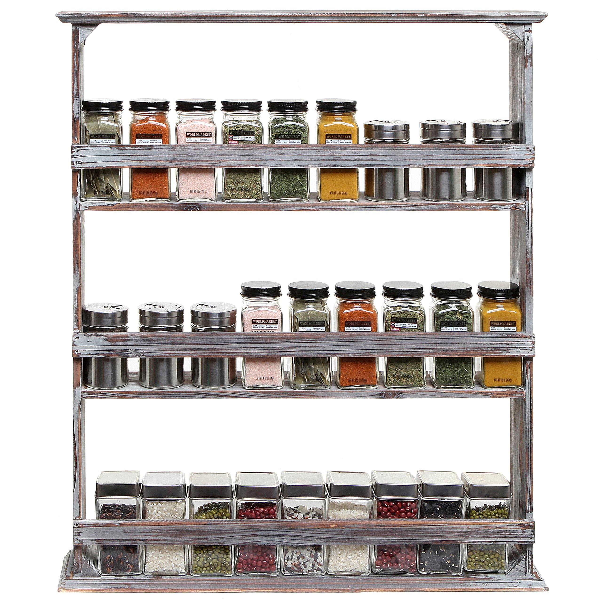 Country Rustic Style Brown Wood 3 Tier Wall Mounted Kitchen Condiment