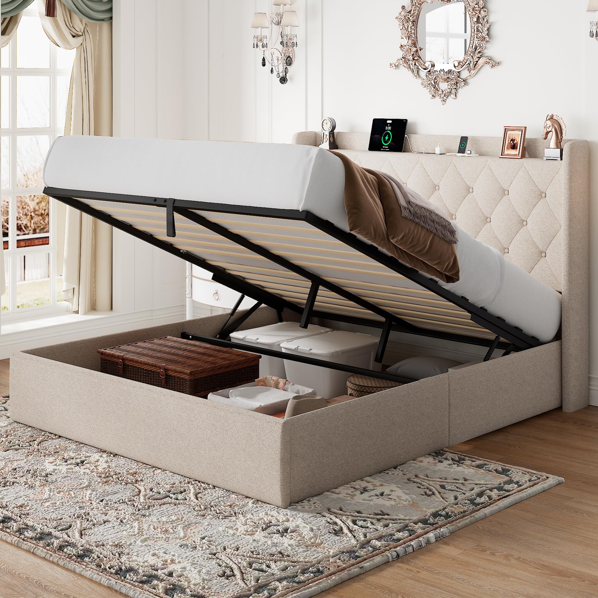 Feonase Queen Size Lift Up Storage Bed Frame with Charging Station ...