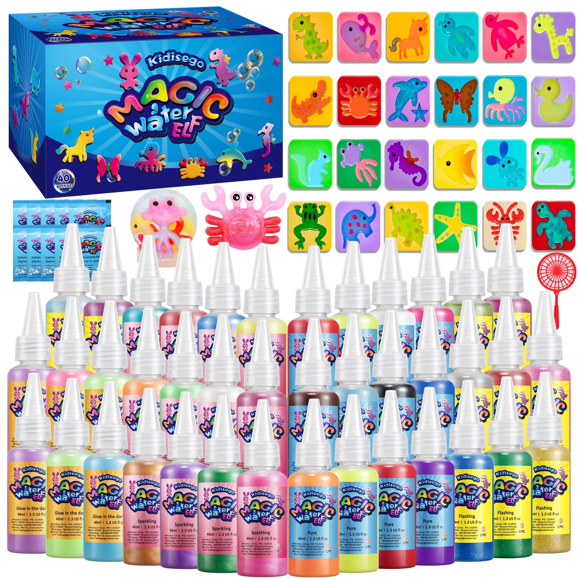 Kidisego Magic Water Elf Toy Kit, 40 Colors Aqua Fairy Water Gel Kit for Kids, Aqua Fairy kit with 24 Molds 10 Pack of Magic Powder, Crate Your Own Water Pets Craft Kits for Kids