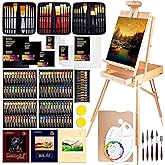 163-Piece French Easel Painting Set | All-in-One Deluxe Artist Starter Kit w/Wooden Field & Studio Sketch Box Easel for Adult, 100+ Professional Paints, Stretched & Panel Canvases, Brushes, Palettes