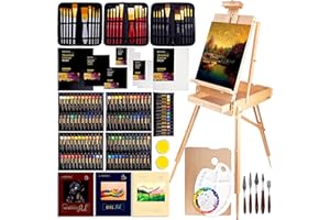 MODERA 163-Piece French Easel Painting Set | All-in-One Deluxe Artist Starter Kit w/Wooden Field & Studio Sketch Box Easel for Adult, 100+ Professional Paints, Stretched & Panel Canvases, Brushes, Palettes