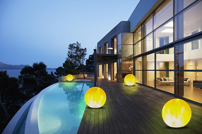 Led Garten Beleuchtung Mit Strom Garten Deko Beleuchtung Kugeln E 27 Massiv Kunststoff Wetterfest Mit Zuleitung 30 Cm Flammen Effekt Amazon De Beleuchtung