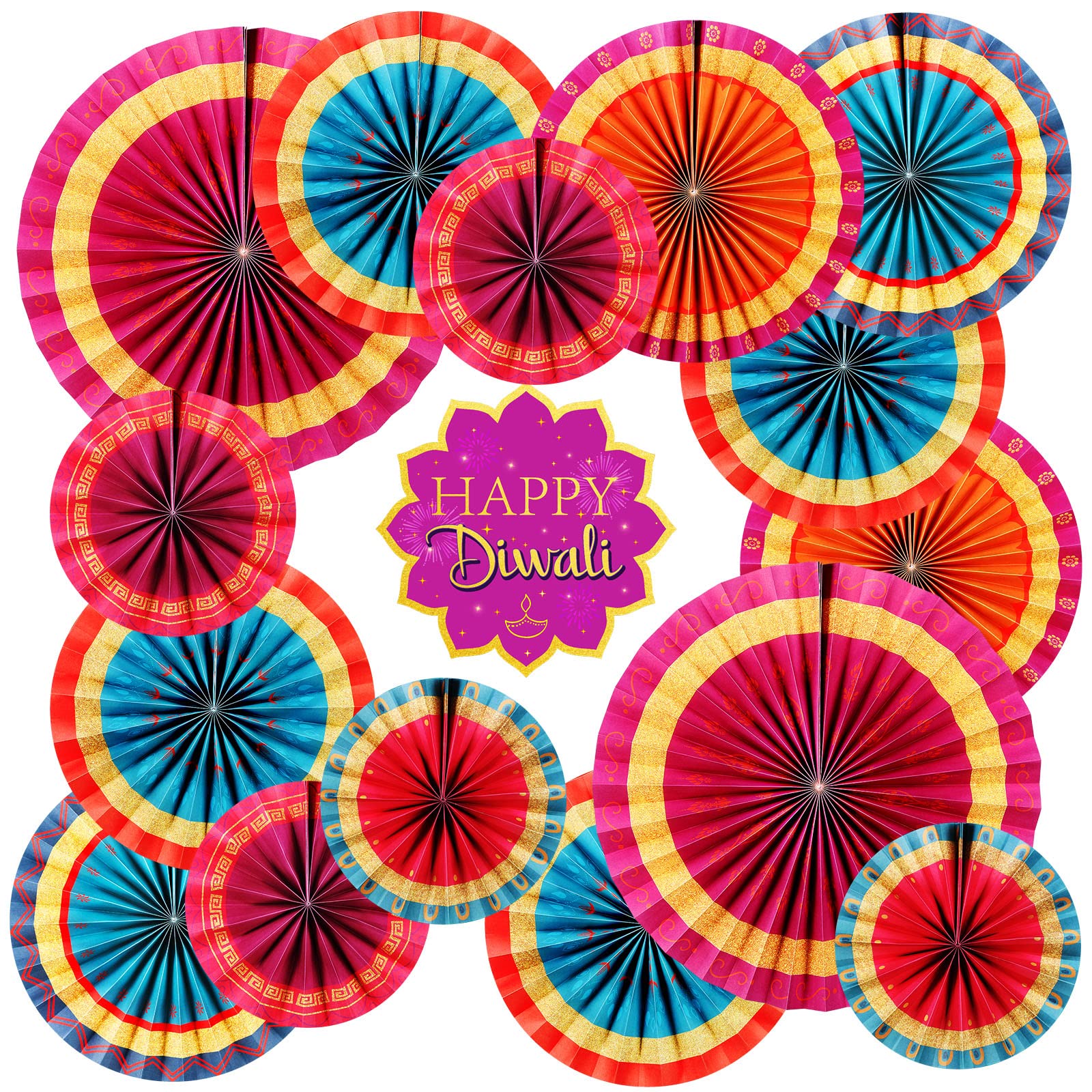 Photo 1 of 17 Pieces Happy Diwali Hanging Paper Fan Decorating Deepavali Themed Round Pattern Paper Garlands Set Indian Diwali Party Decoration for Indoor Decorations Hindu Greeting Party Supplies