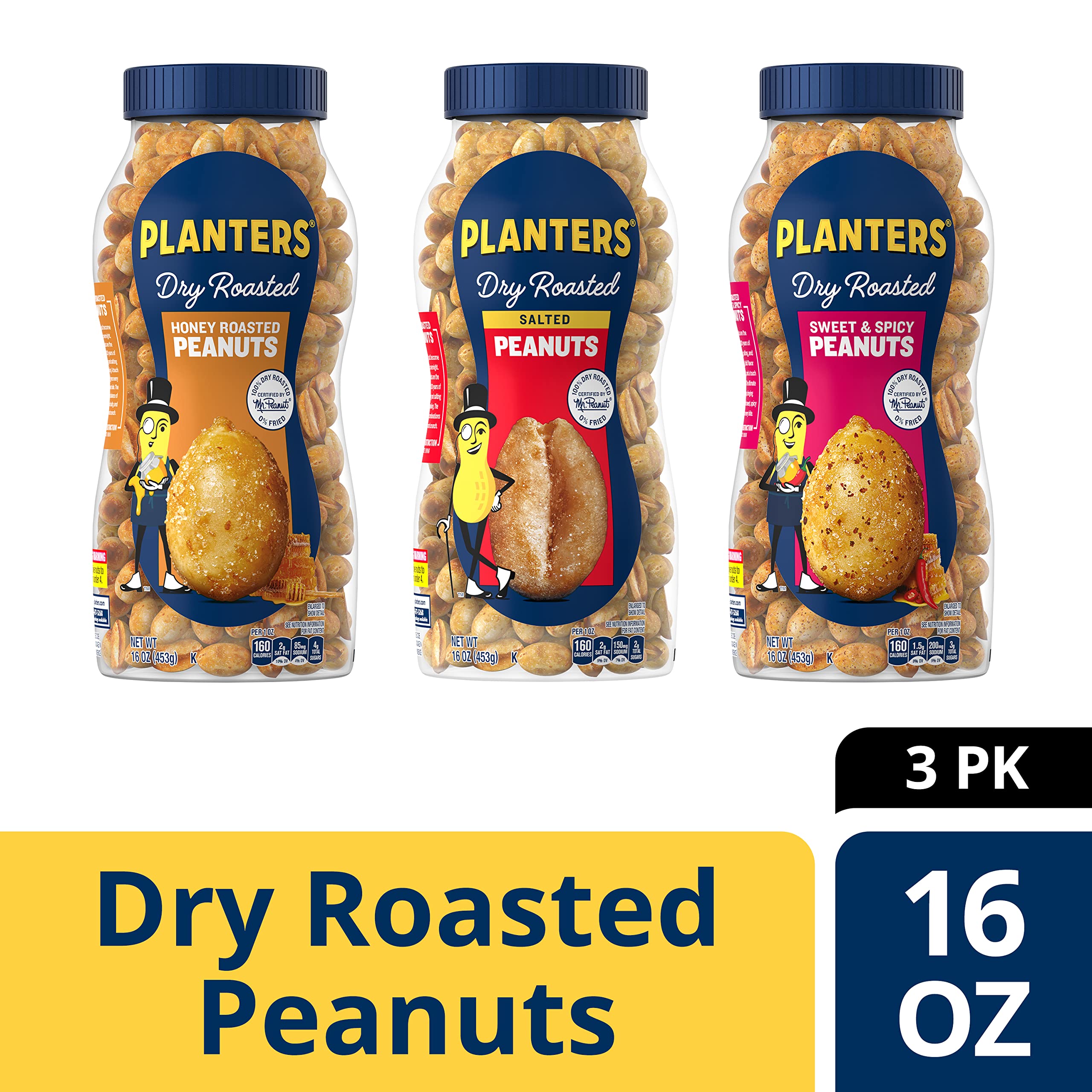 PLANTERS Peanuts Variety Pack, Dry Roasted Nuts, 16 oz Jars, (Pack of 3