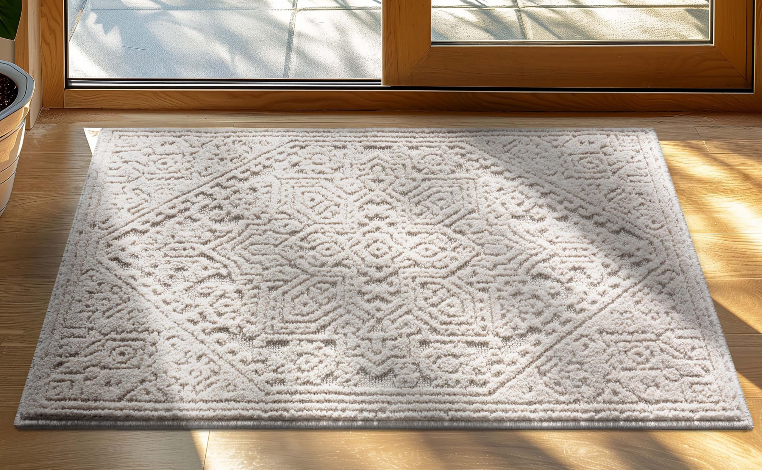 Well Woven Harlow Collection Cloud Medallion Ivory - Modern Tribal Minimalist 2x3 (2'3" x 3'11") Accent Mat Rug - Ideal for Entryway & Kitchen - Durable, Stain Resistant & Easy to Clean Image