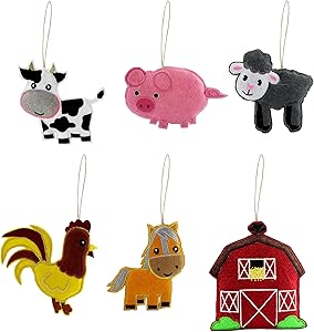 Darware Farm Animal Decorations Set (6-Piece Set); Plush Craft and Holiday Ornaments with Baby Farm Animals: Sheep, Pig, Chicken, Cow, Horse and a Barn to Live in