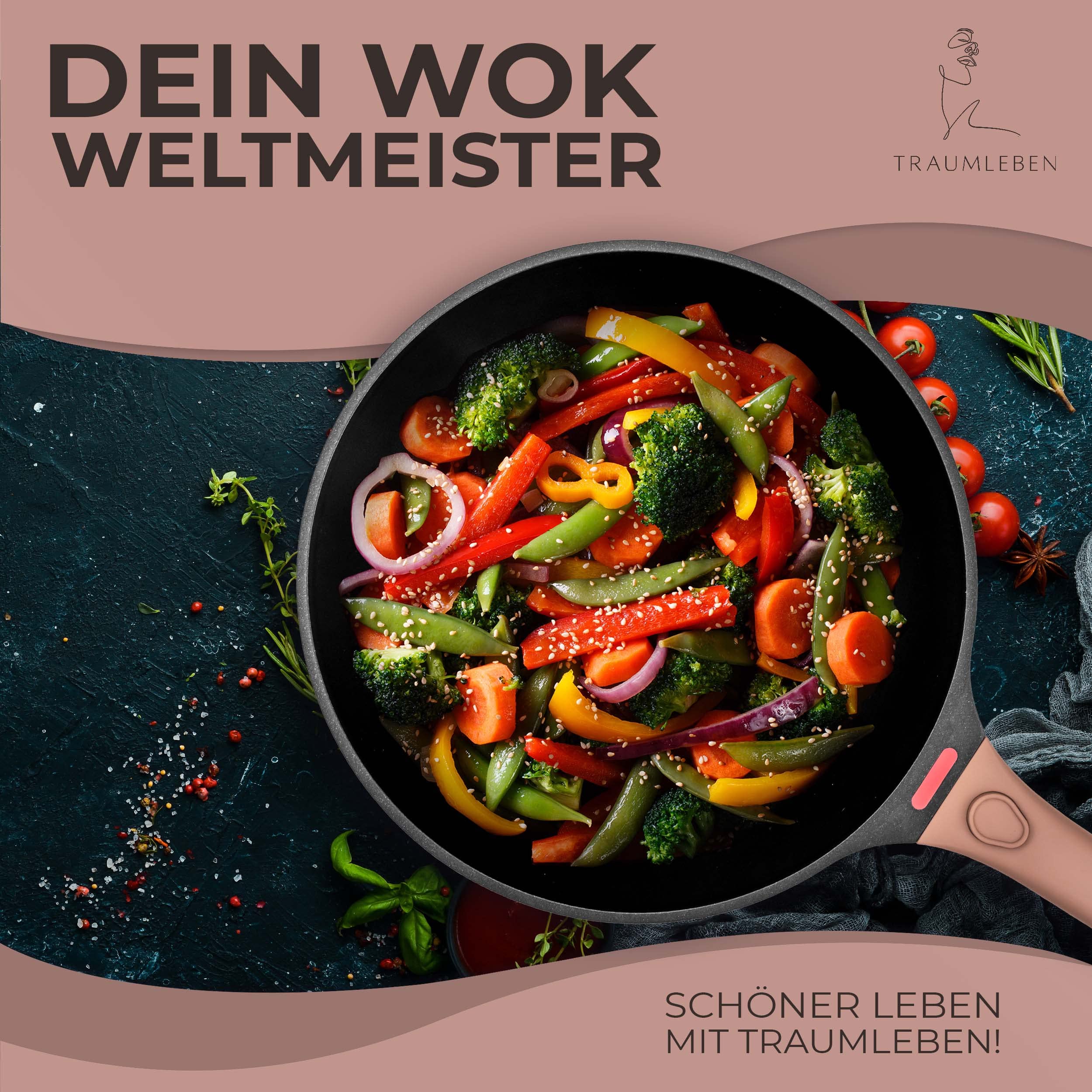 TRAUMLEBEN Wokpfanne mit Deckel 28 cm [abnehmbaren Griffe & Antihaftbeschichtung] PFOA-frei, für Induktion geeignet | backofenfest | hoher Rand | Beschichtete Wok Pfanne | Woks & Wokpfannen 7