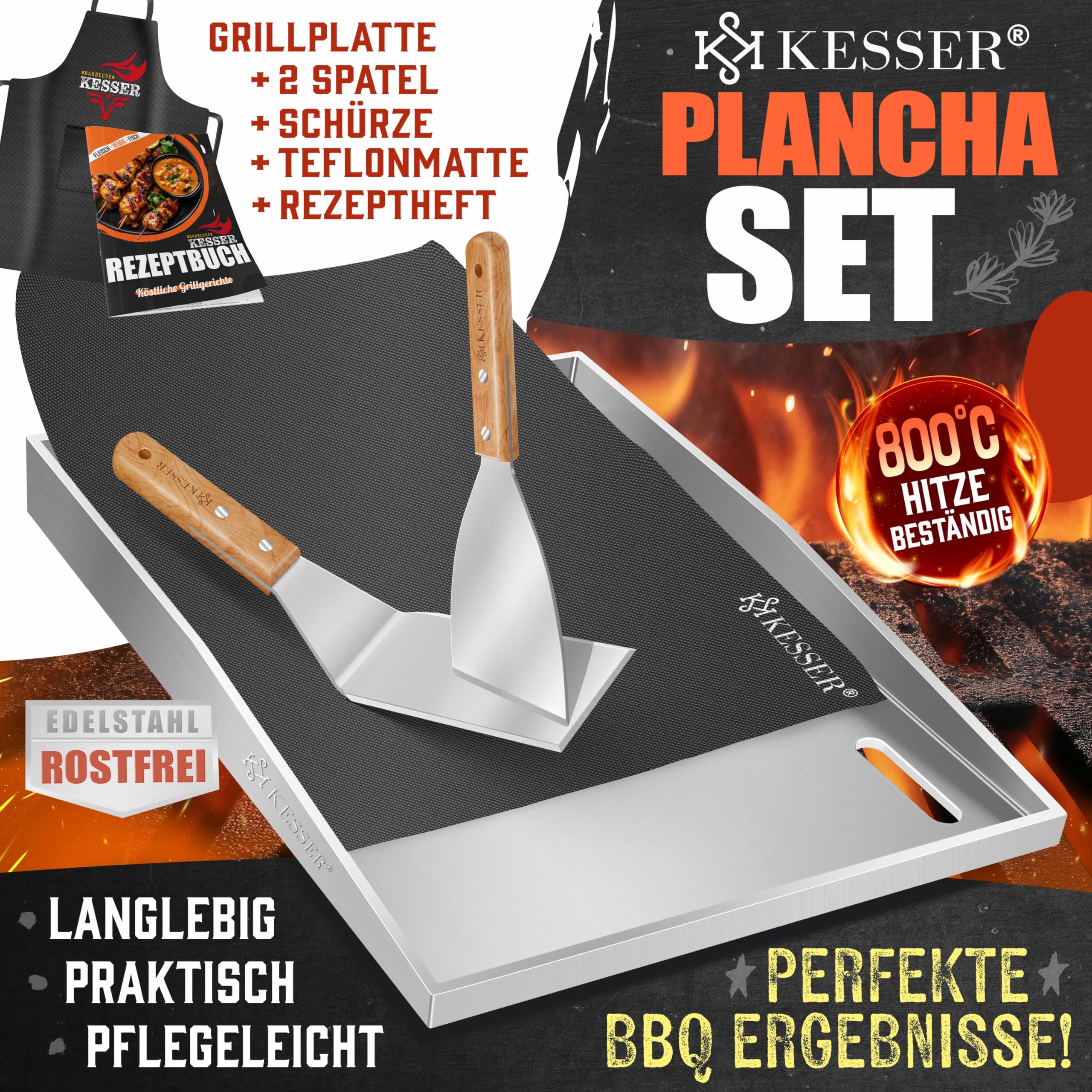 KESSER® Grillplatte Plancha aus Edelstahl 40x30cm rostfrei mit Fettablauf, hitzebeständig bis 800°C & Spülmaschinenfest für Gas & Holzkohlegrill inkl. 2 Spatel, Grillschürze, Grillmatte & Rezeptbuch 2
