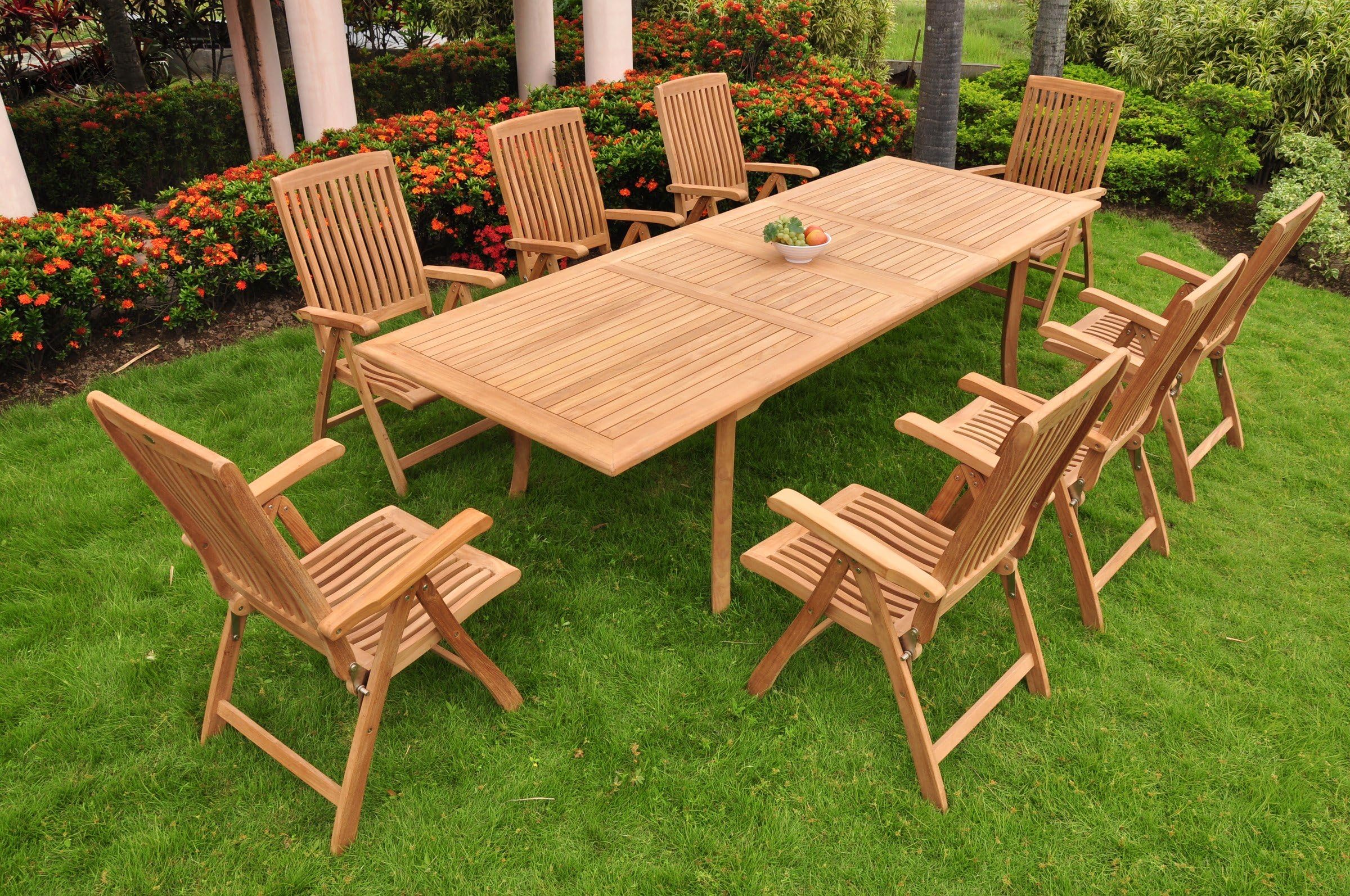 TeakStation 8 Seater Grade-A Teak Wood 9pc Dining Set: Large 117" Double Extension Rectangle Table and 8 Marley Reclining Arm Chairs #TSDSMR8