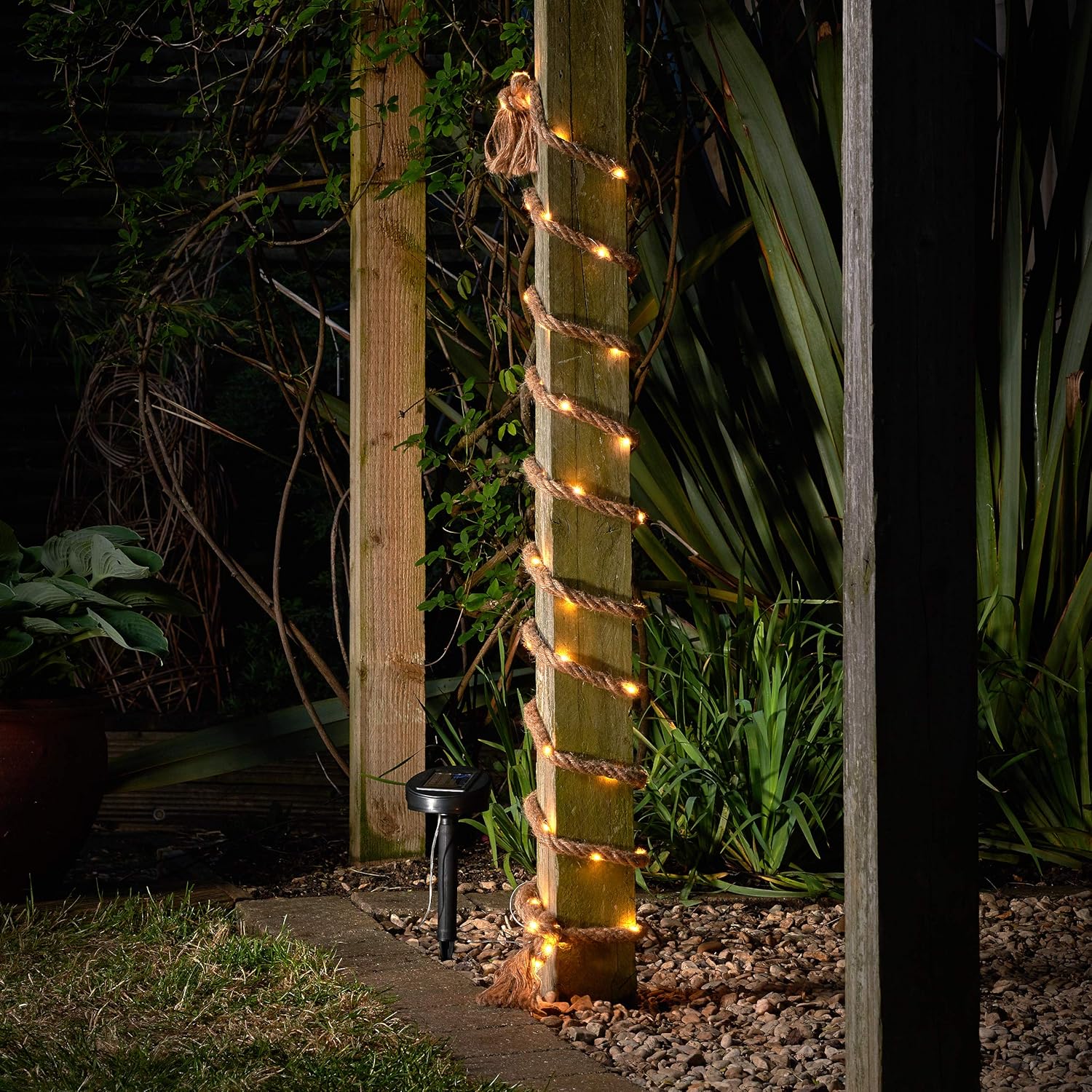 Auraglow Solar Powered 60 LED Bulb Decorative Garden Outdoor Natural Hemp Rope String Fairy Light, Ideal for Pergolas Gazebos - Image 4