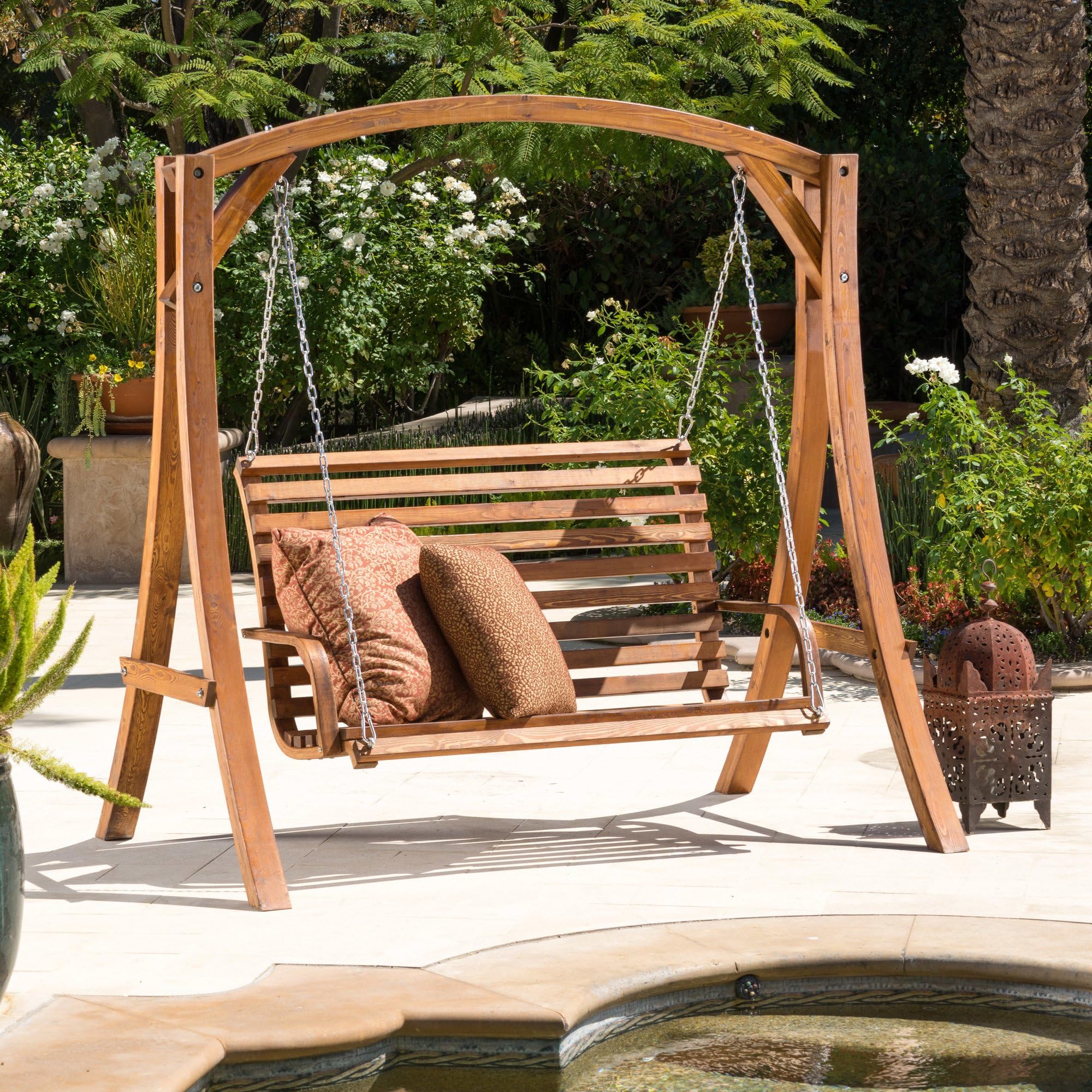 Home Loft Concept Teak Stained Finish Bracciano Wood Porch Swing including 1 Stand support and Cushions