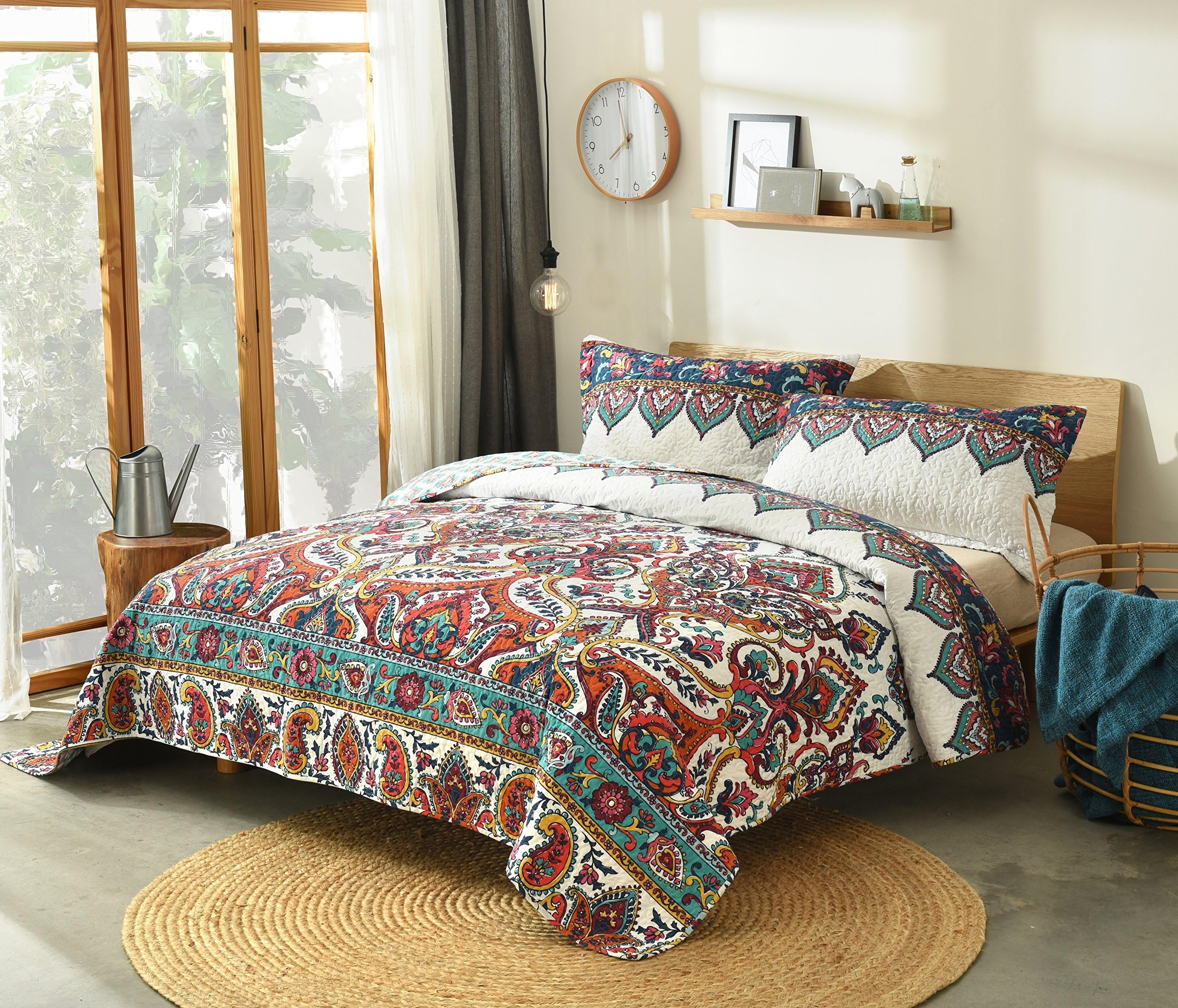 DaDa Bedding Bohemian Paisley Bedspread - Earthy Meadow Quilted Coverlet Set - Multi-Colorful Floral Print - Queen - 3-Pieces