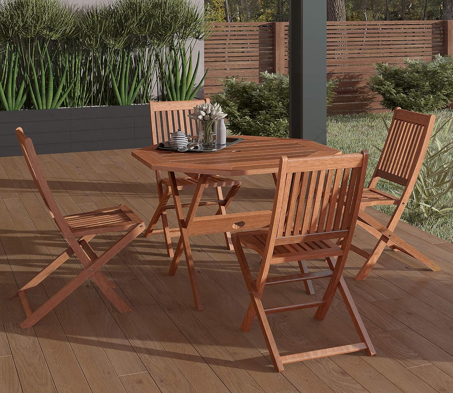 Amazon Com Amazonia Chaise 5 Piece Patio Octagon Dining Table Set Eucalyptus Wood Ideal For Outdoors And Indoors 47lx43wx36h Light Brown Garden Outdoor