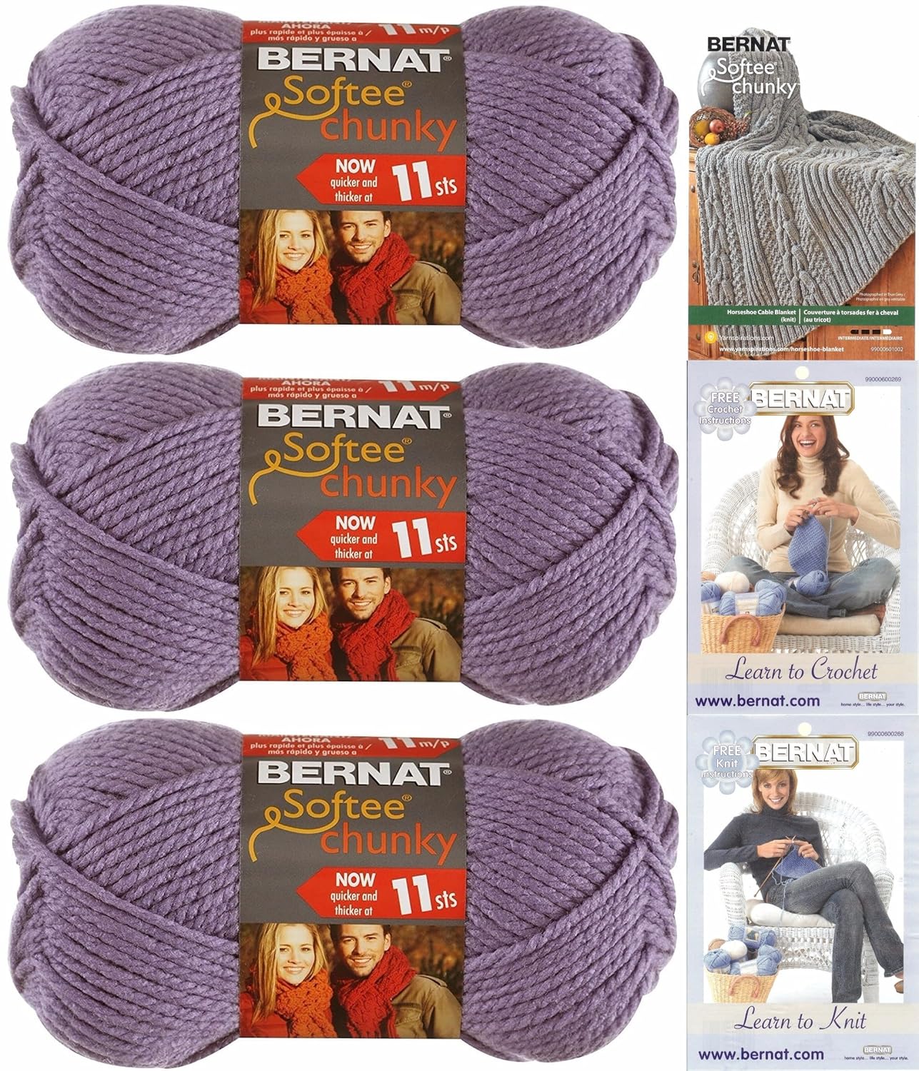 Bernat Softee Chunky Yarn Bundle Super Bulky 6 3 Skeins Lavender 28307