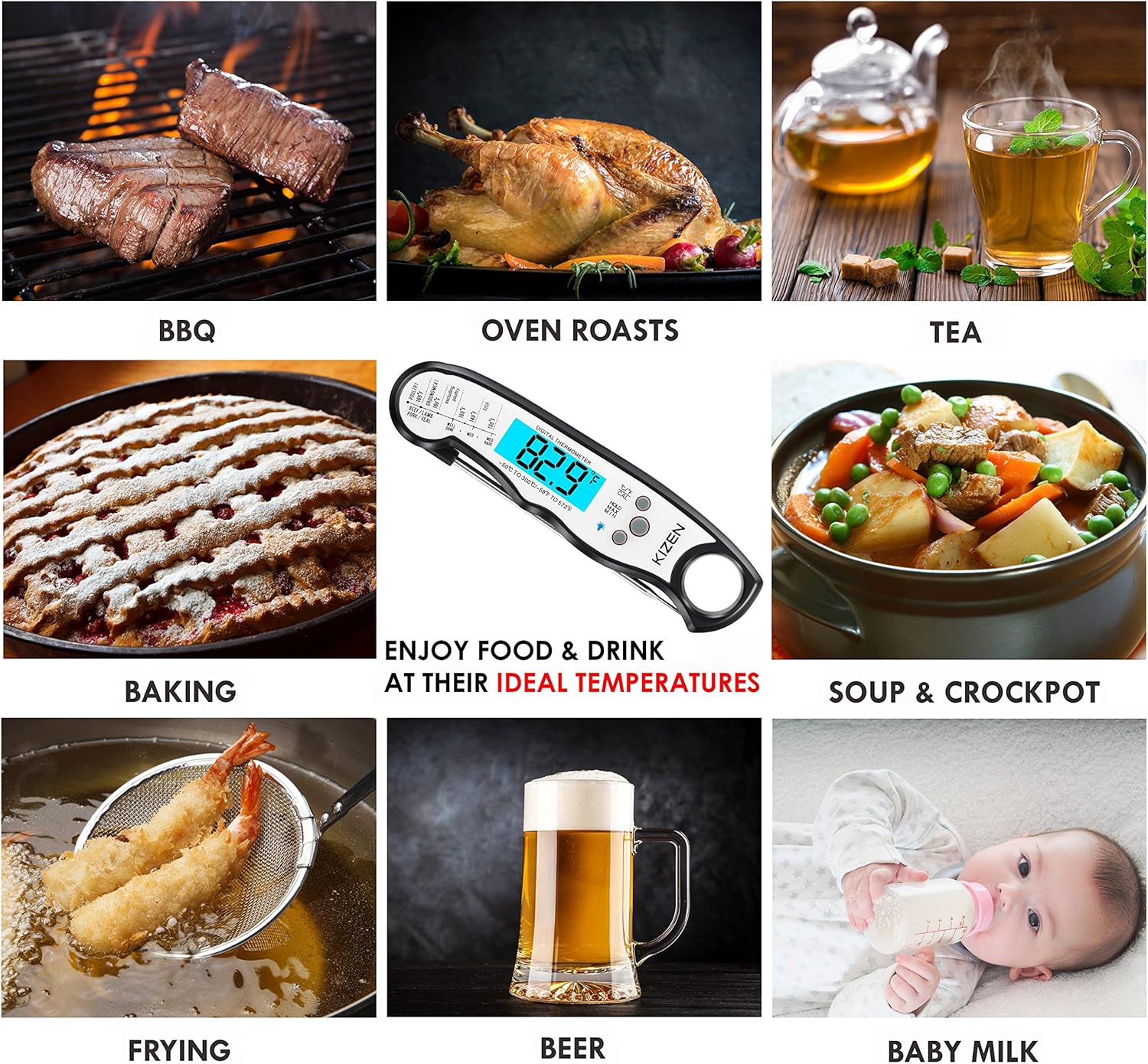 Kizen Instant Read Meat Thermometer - Best Waterproof Ultra Fast Thermometer with Backlight & Calibration. Kizen Digital Food Thermometer for Kitchen, Outdoor Cooking, BBQ, and Grill!: Kitchen & Dining