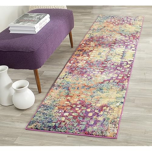 Safavieh Monaco Collection MNC225D Boho Chic Abstract Watercolor Non-Shedding Stain Resistant Living Room Bedroom Runner, 2'2" x 10' , Pink / Multi