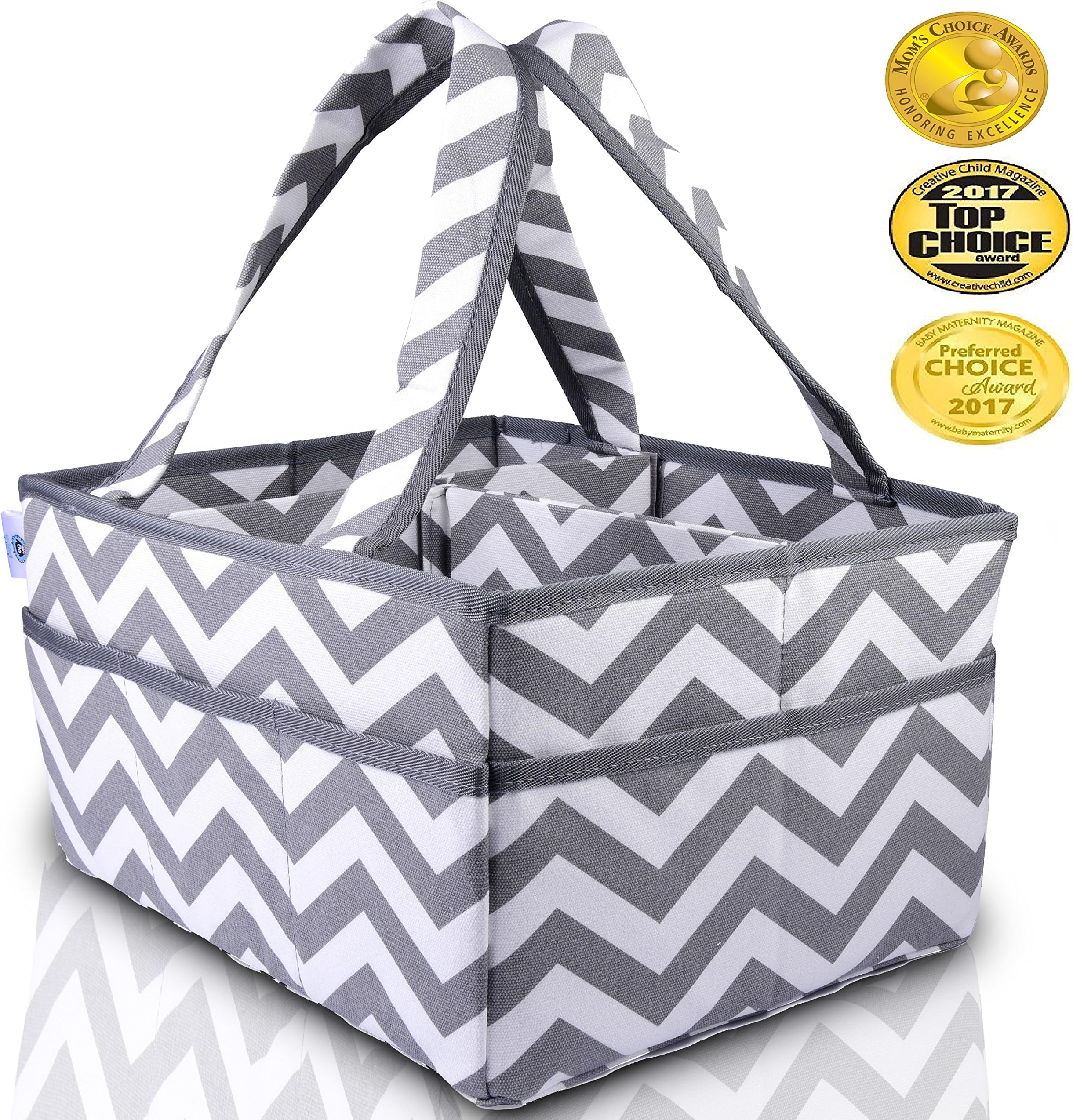 Baby Tooshy Diaper Caddy Organizer - Strong, Portable, Large, Sturdy - Keeps Everything Organized - Removable Divider for Multipurpose use. Suitable for Cloth or Disposable Diapering. Chevron Grey