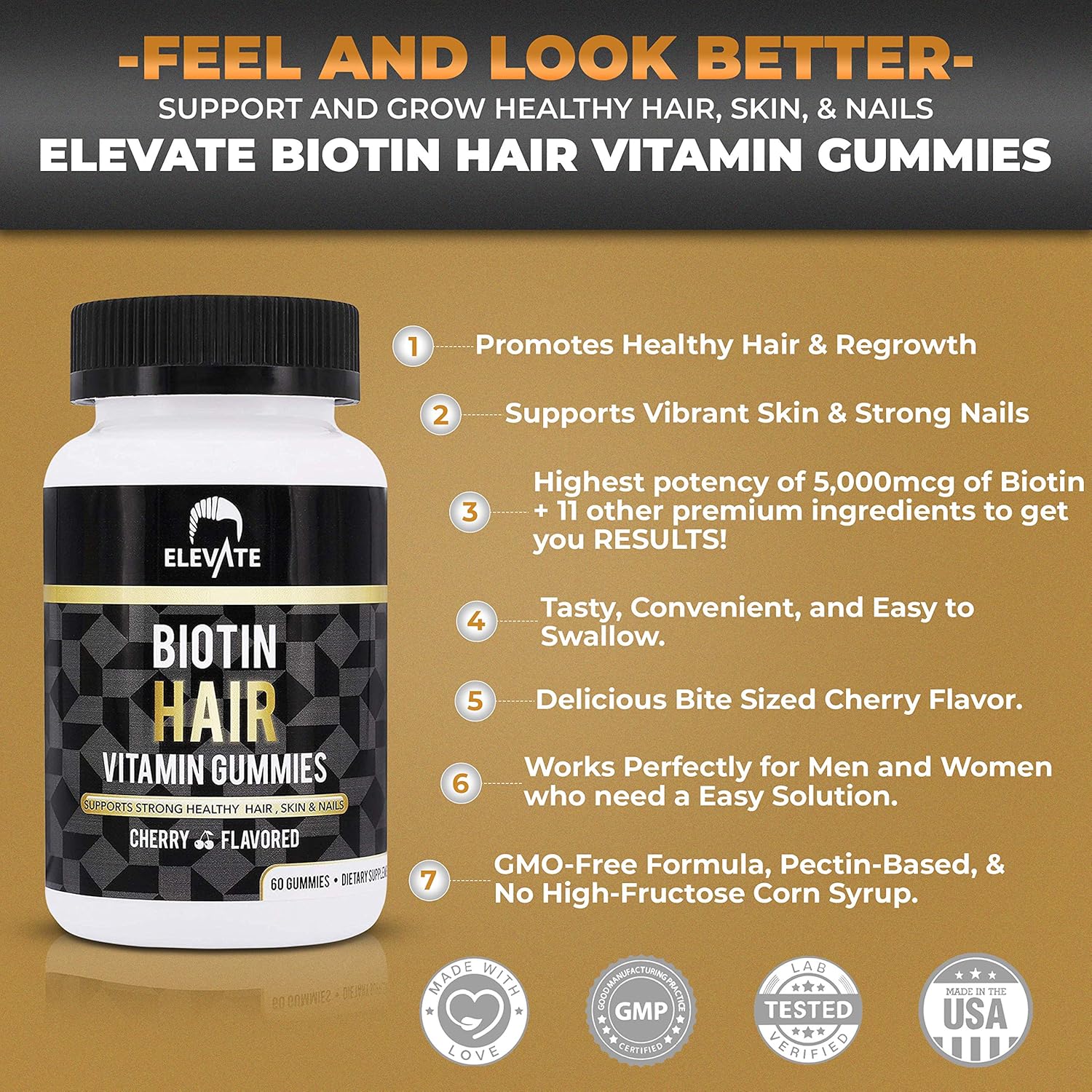 ELEVATE Biotin Gummies for Hair Growth 5000 mcg Cherry Vitamins Grow