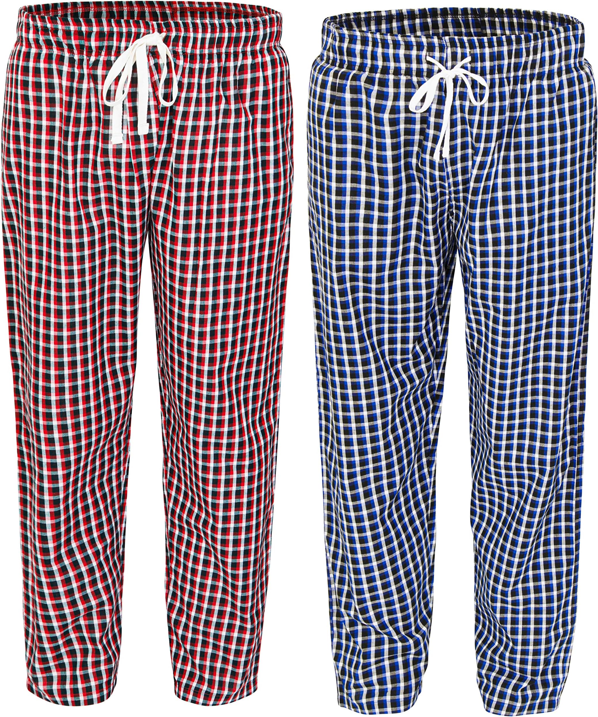 2 Pack Men's 100% Cotton Woven Pyjama Bottoms Check Lounge Pants Nightwear
