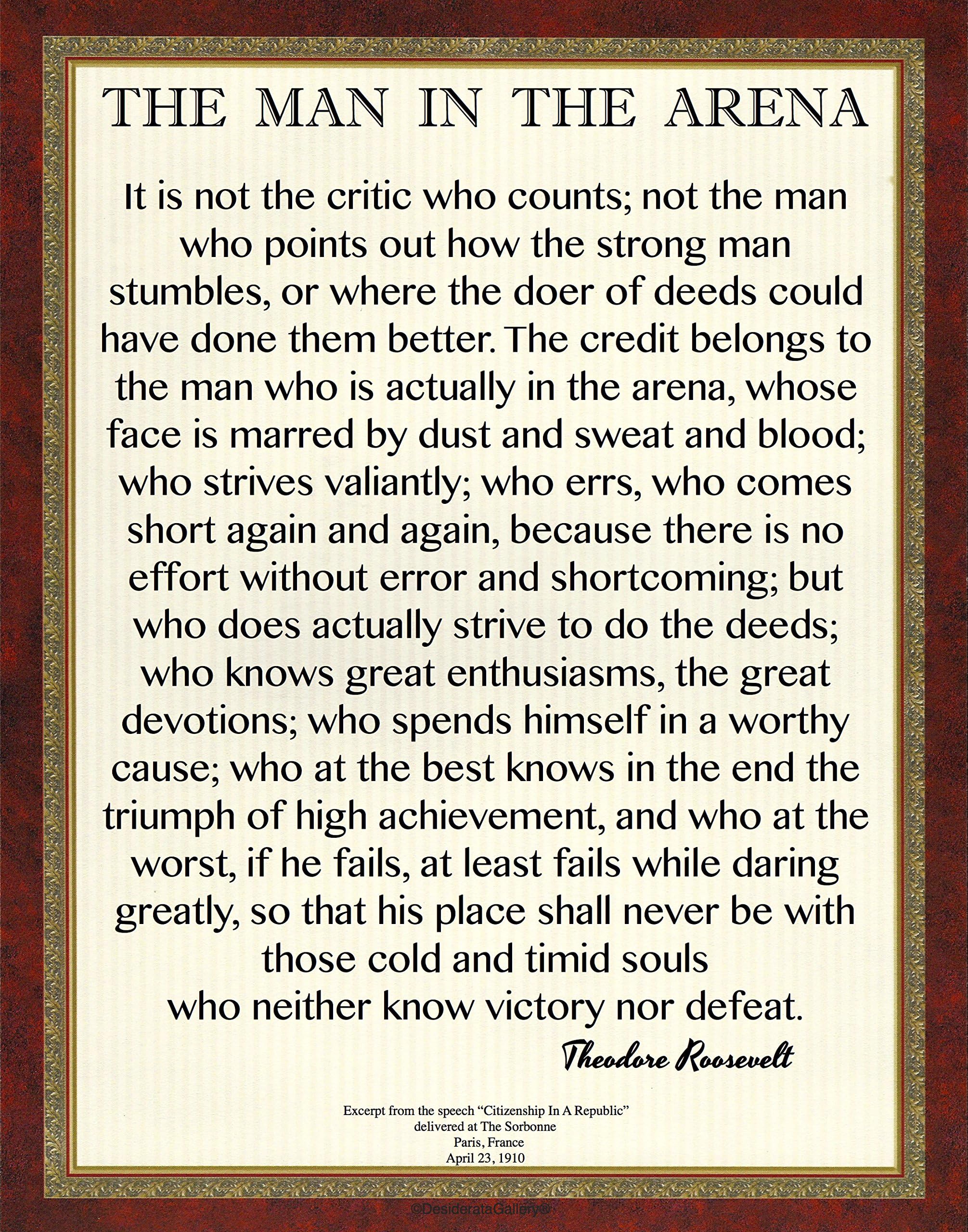 11x14 Photo Print. Motivational Quote. The Man In The Arena by Theodore Roosevelt. Border Trim.