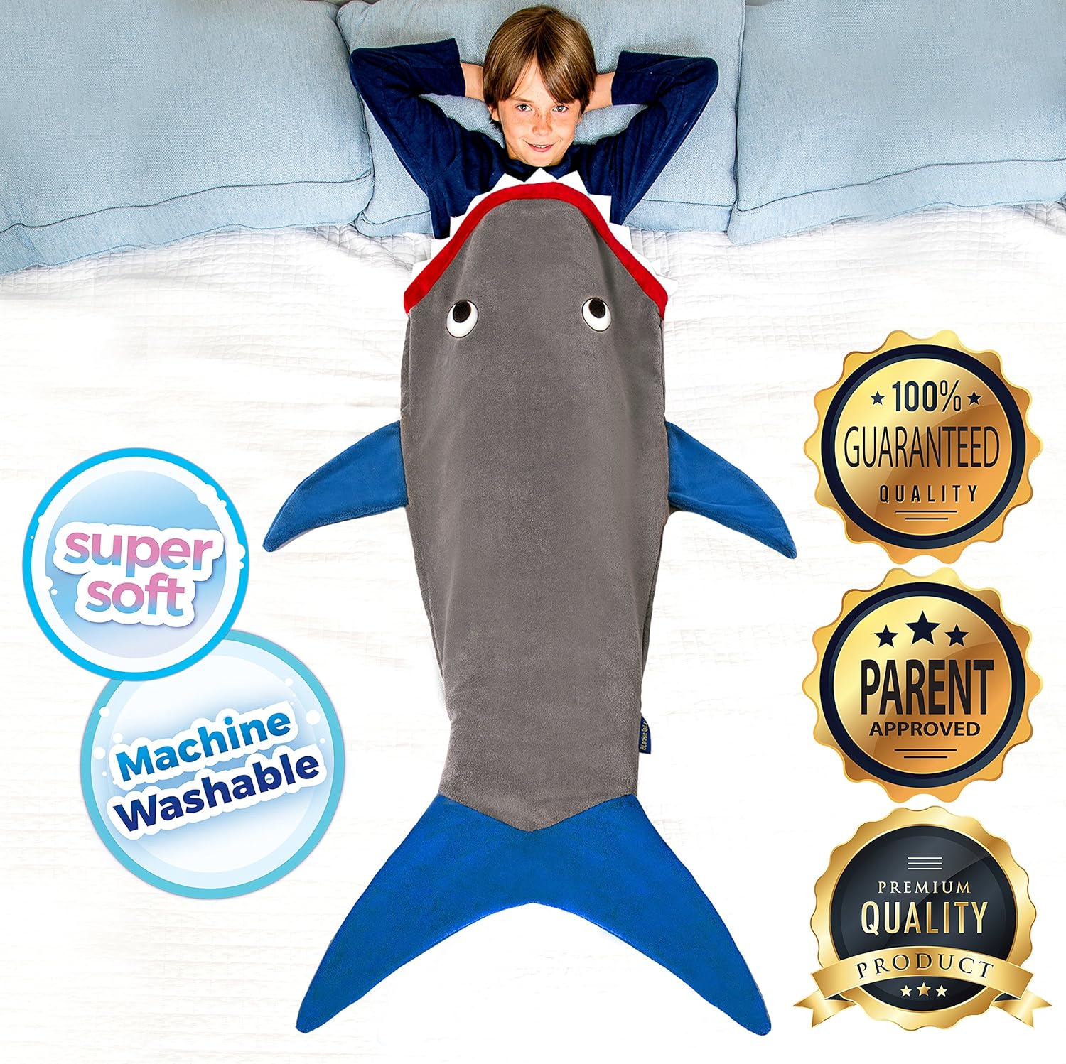 Blankie Tails, The Original Shark Tail Blanket with Luxurious Minky Fleece Shark Tail, for Kids Gray and Deep Blue - Image 3