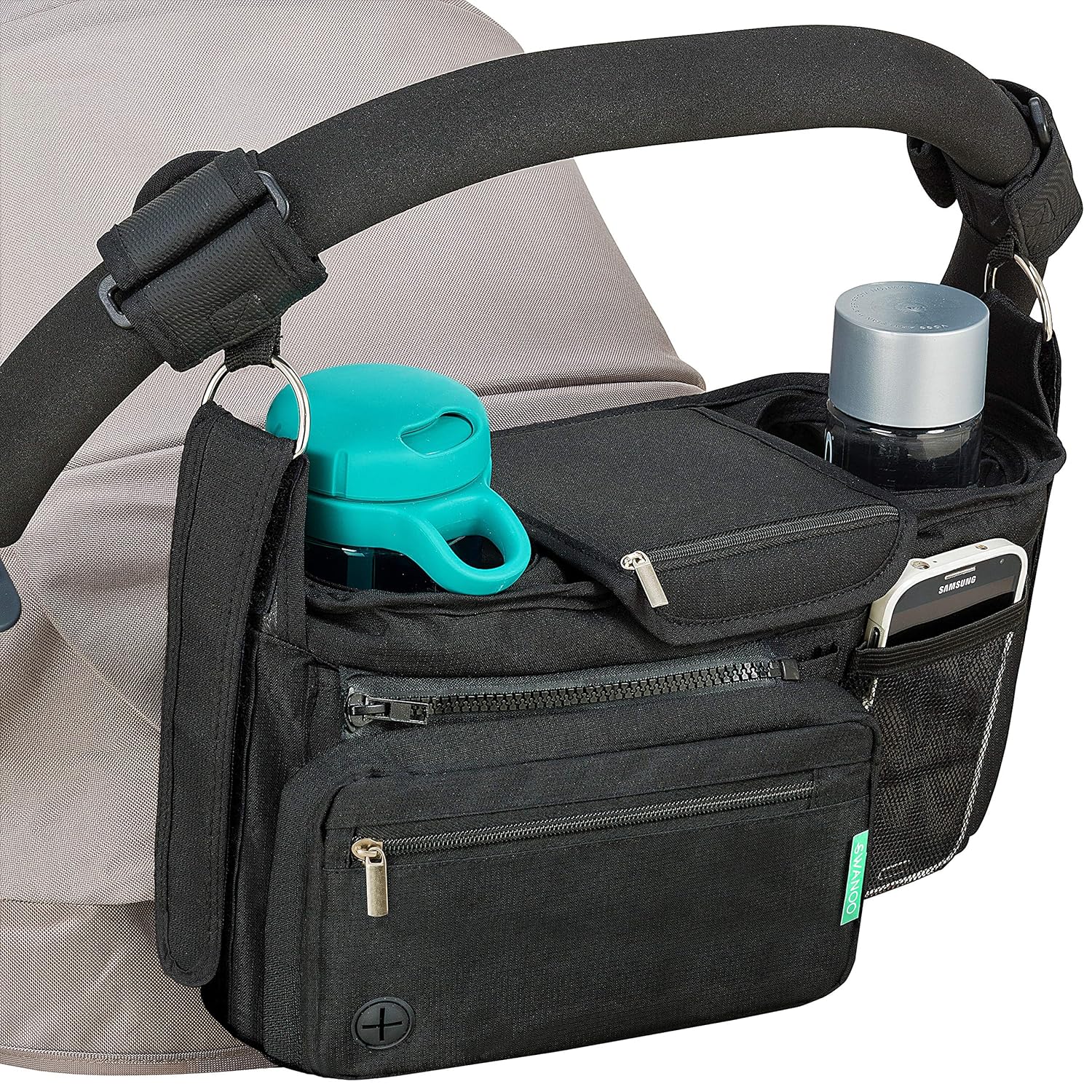STROLLER ORGANIZER with cup holders NON-SKID strap FITS ALL strollers, Compact Mirror, Storage for Phone, Wallet, Toys,