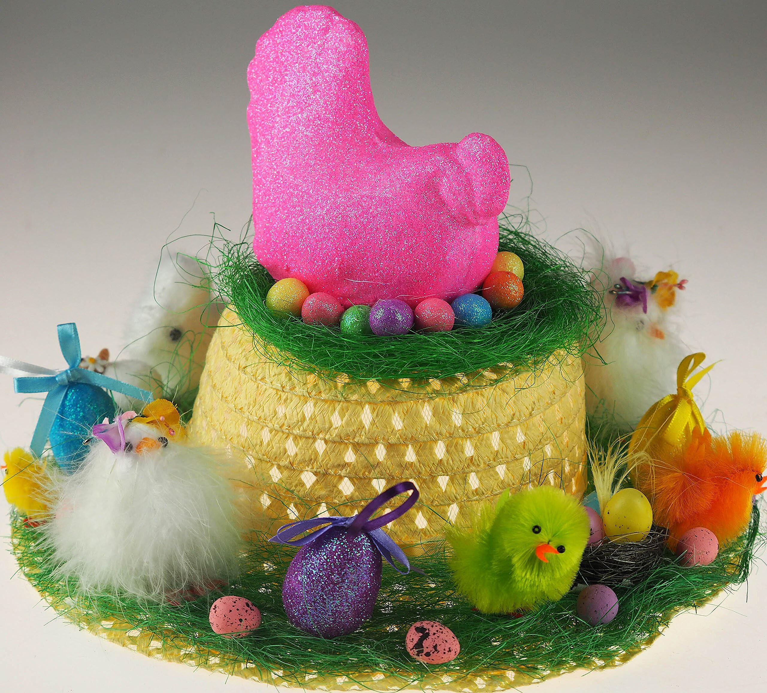 Girls Boys Ready Made Decorated Easter Bonnet Hat - Large Pink Glitter Hen