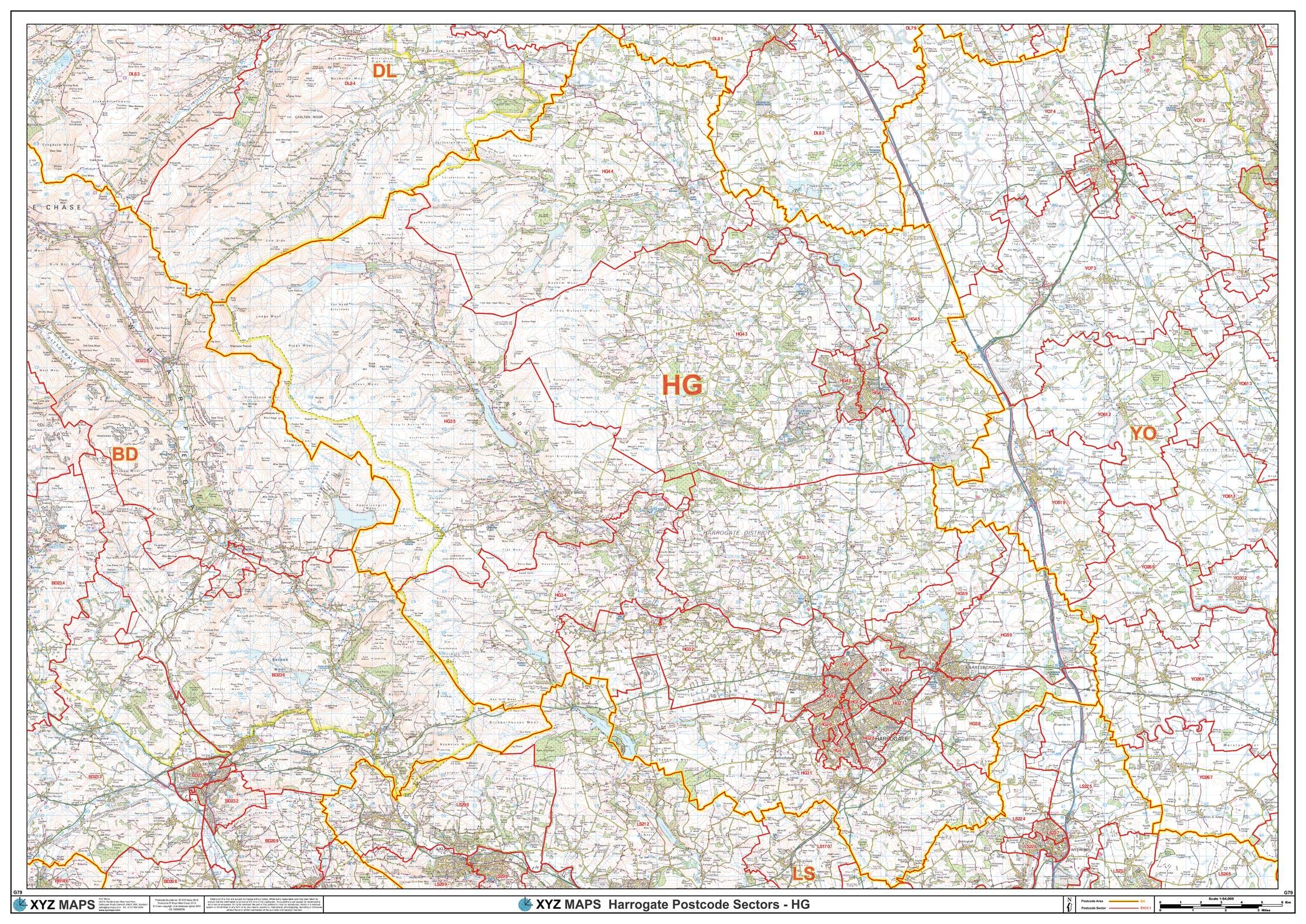 Harrogate - HG - Postcode Wall Map - 47" x 33.25" Matte Plastic