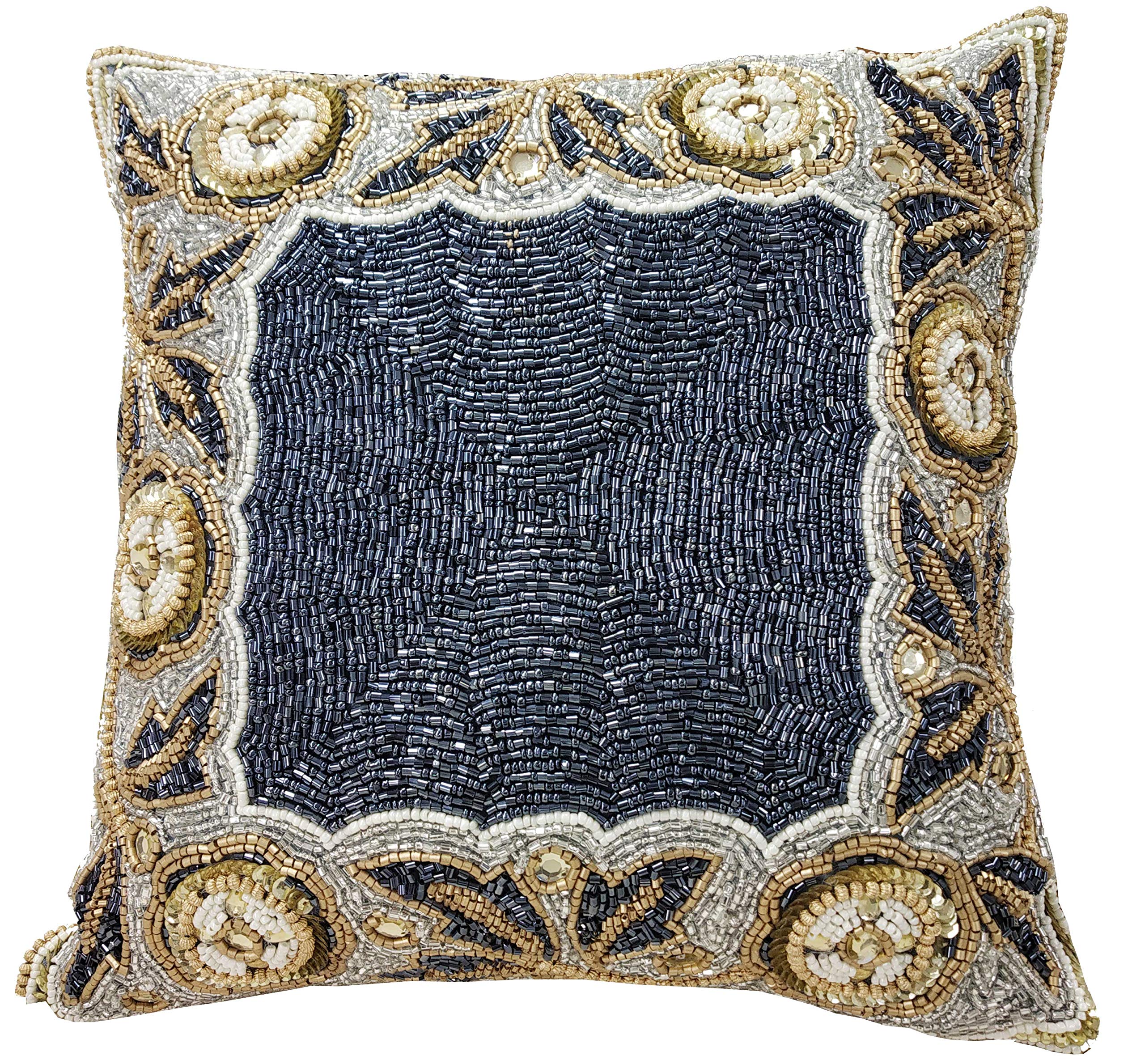 Linen Clubs Beaded Throw Pillow Cover/Euro Sham/Cushion Sham, Super Luxury Soft Pillow Cases-square design 14x14 Charcoal Gold Multi