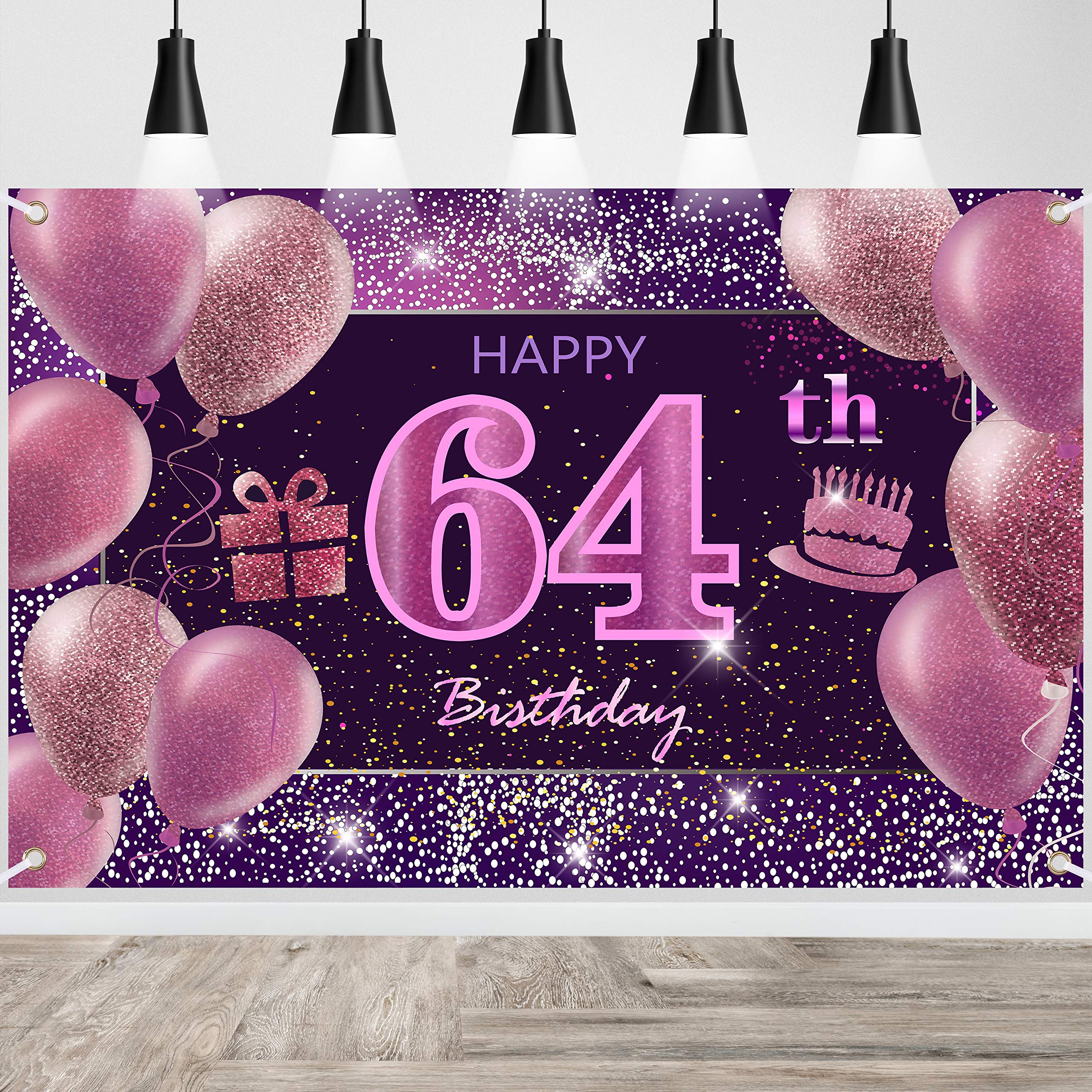 IMISI Happy Birthday Banner & Backdrop Decorations - Pink, 64th Birthday Party
