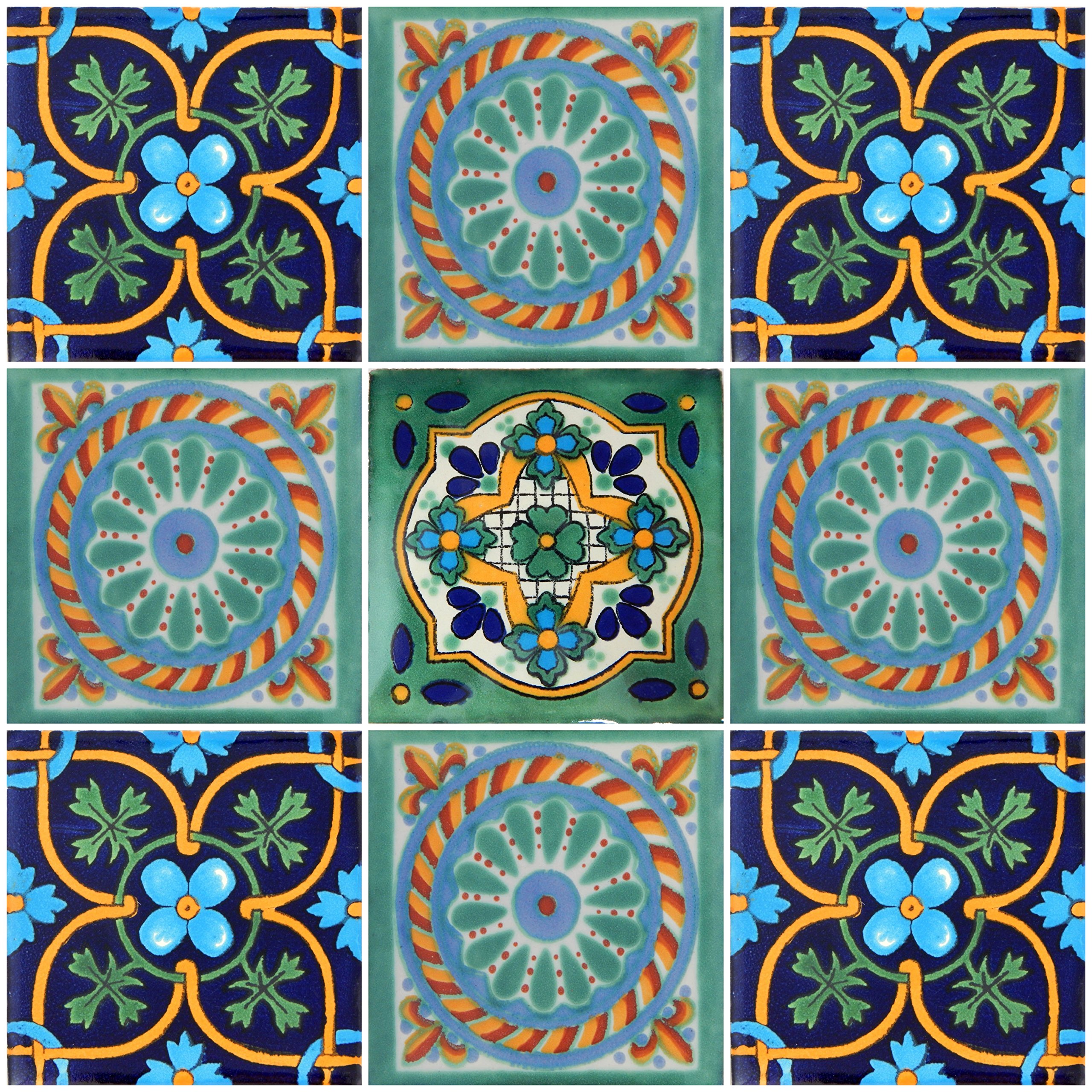 Color y Tradicion 9 Mexican Tiles 4" x 4" Hand Painted Talavera F-30